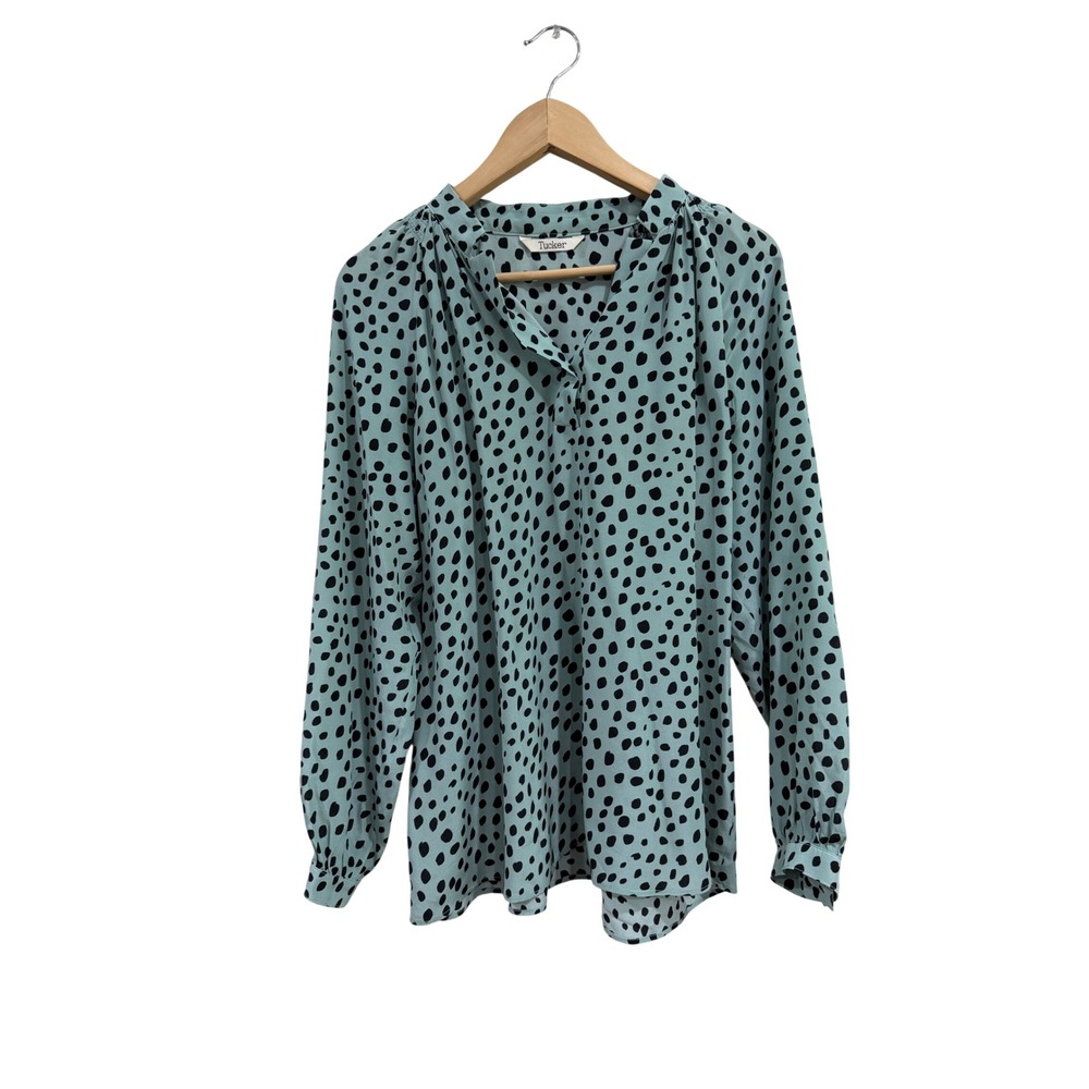 Tucker Silk Blouse Mint Green Black Dalmatian Dot Long Sleeve V-Neck Top